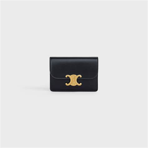 CELINE Shiny Calfskin Triomphe Flap Card Holder Black 